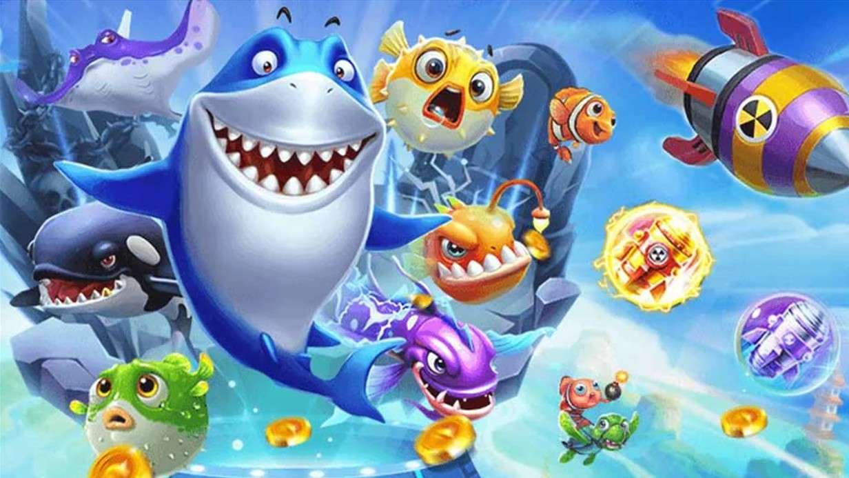 หน้าจอเกมยิงปลาที่แสดงปืนใหญ่และฝูงปลาใต้น้ำ